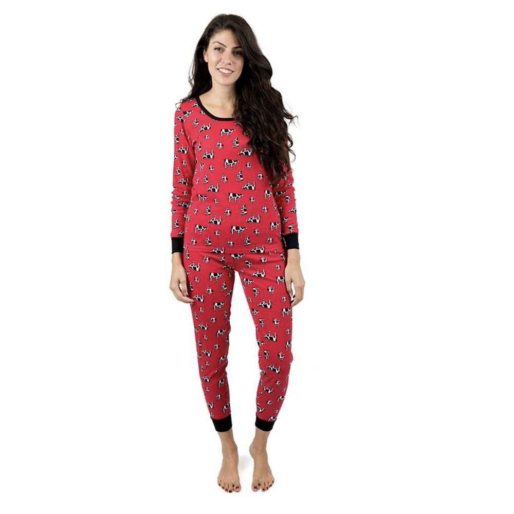 Leveret All Over Cow Print Pajama Set Women's L 100% Cotton Cows Farm Country
